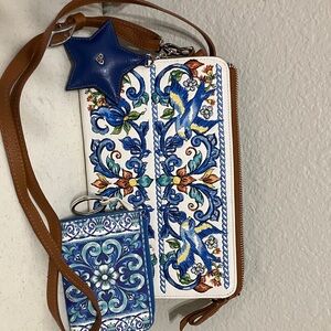 Brighton Blue and Brown Embroidered Crossbody Bag